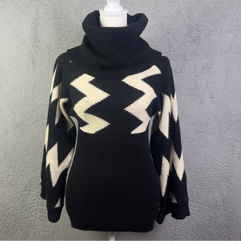 Karen Millen Sweater Women 2 Black Beige Mock Turtle Neck Bell Sleeve Wool Blend